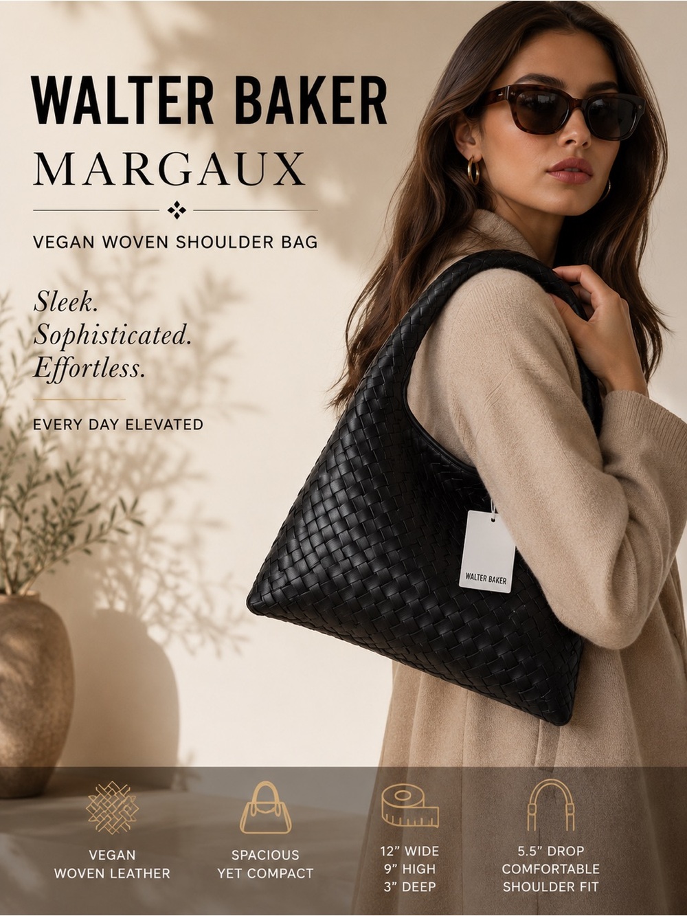 Walter Baker Margaux Black Woven Vegan Shoulder Bag NWT $198 MSRP